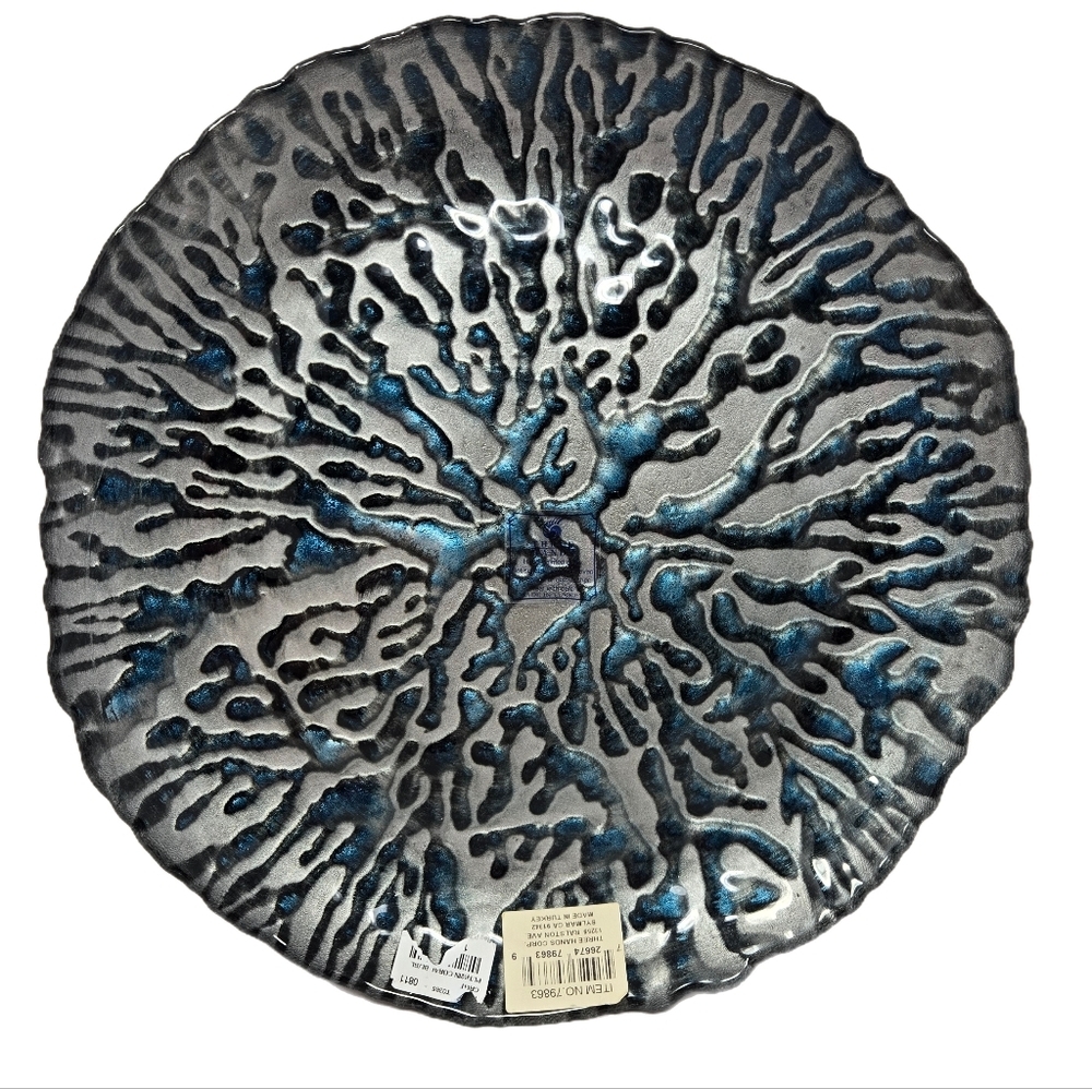 Three Hands Coral Blue Dish Platter Plate Hand Painted Sea Ocean Beachy Look